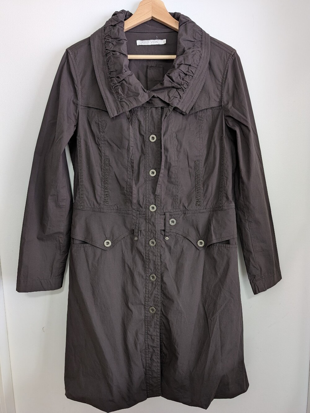 Lauren Vidal Medium Long Jacket Brown Cotton Trench Coat Euro Oversized A-line